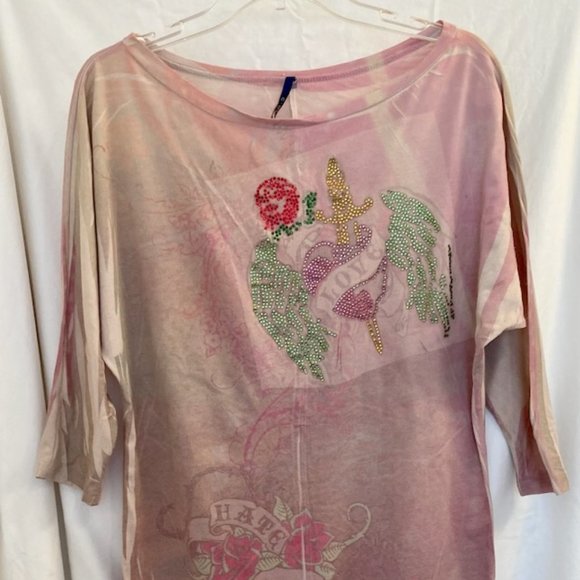 Bedazzled pink and gray tunic.  Size large. - Picture 3 of 4